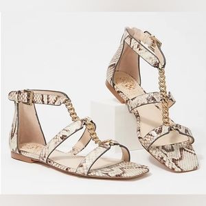 VINCE CAMUTO Sereney Snake Print Sandals w/chain details